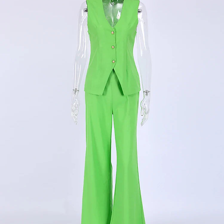 Mnealways18 Ladies Office 2 Pieces Womens Suits Vest Top And Wide Leg Pants Outfits Cotton Linen Summer Fashion Green Sets Green