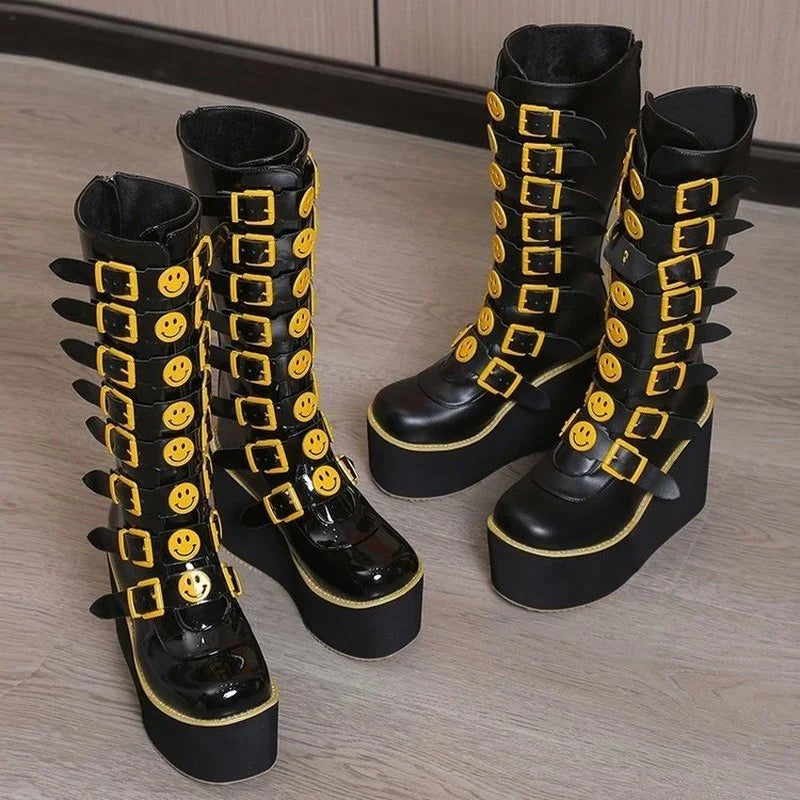 Plus Size 43 Black Gothic Vampire Halloween Cosplay Punk Buckle Street Platform Wedge High Heel Boots Women Shoes