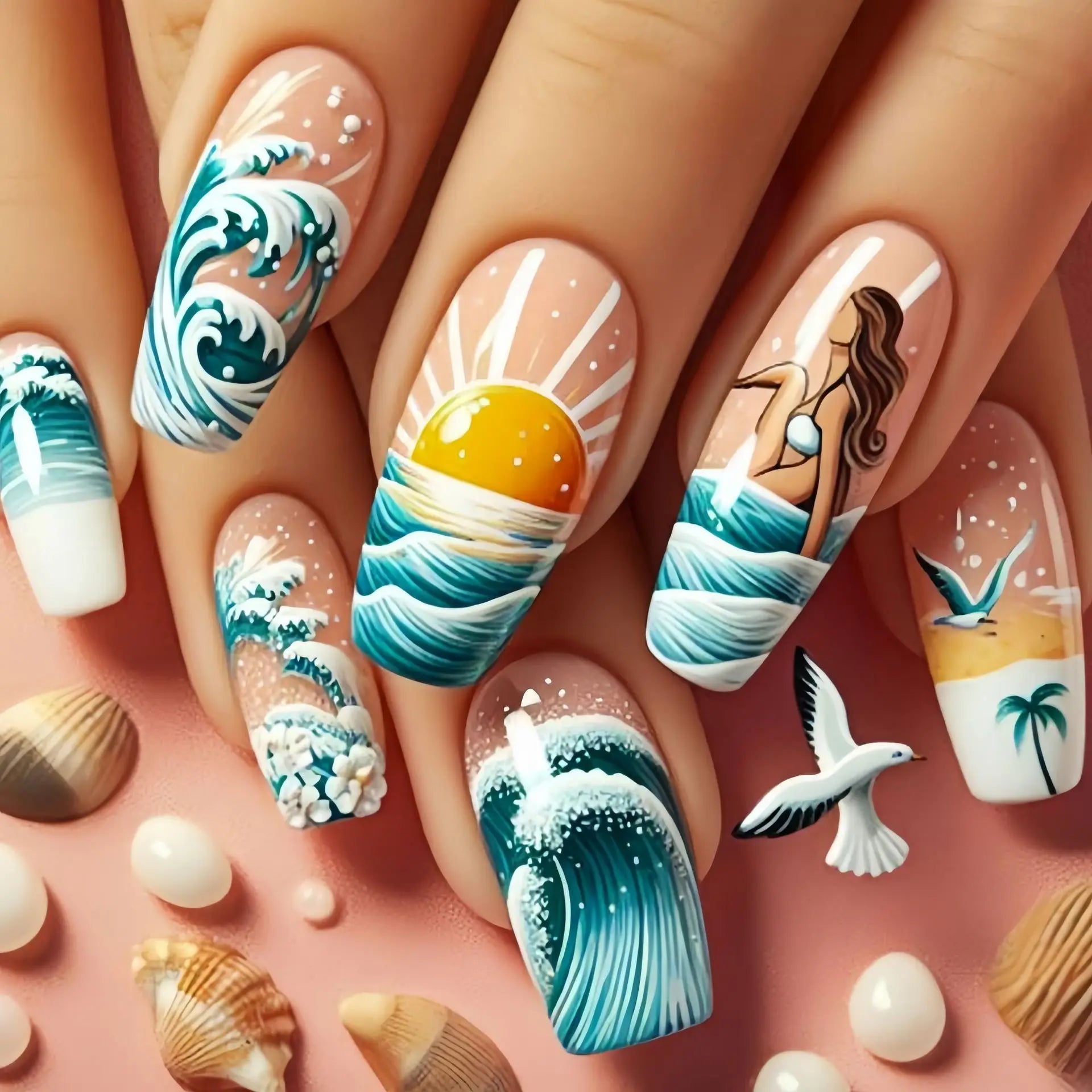 24pcs/set Medium long fake nails Gradient blue ocean fish sun flowers butterfly square ballet summer tips press on false nail 2360