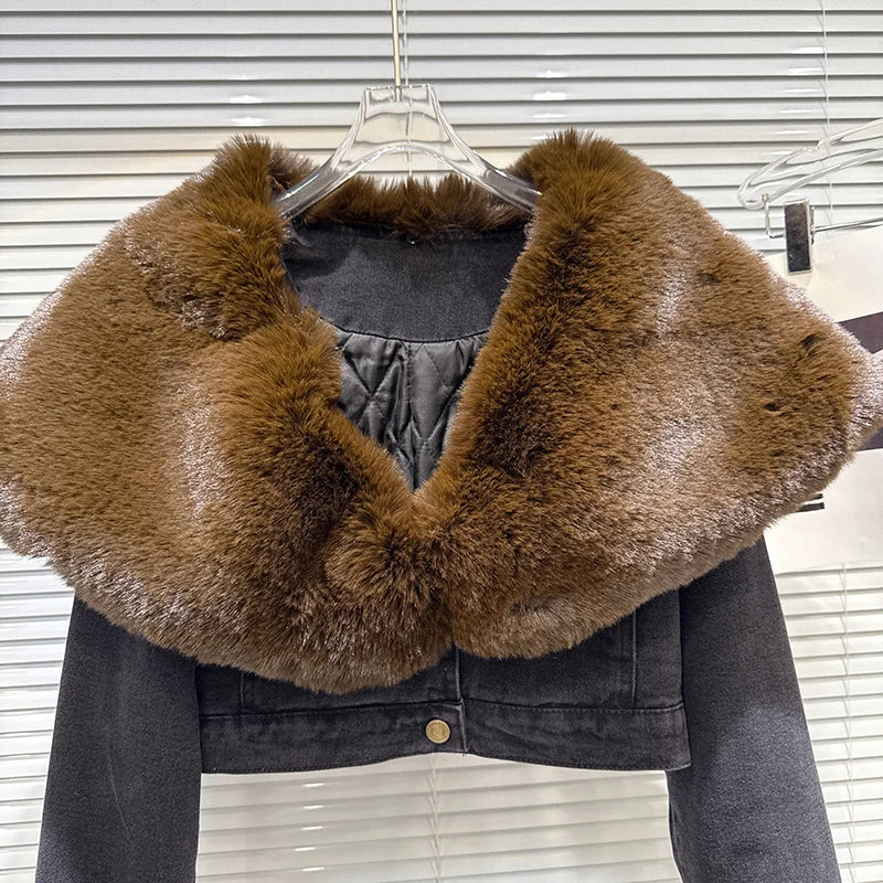 Winter New Fashion Street Style Sailor Collar Faux Fur Quilted Denim Short Coat For Women High Waist Jacket 11A07450
