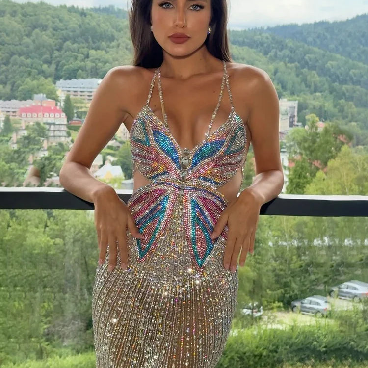 VC Spaghetti Straps Short Dress For Women Sequined Butterfly Details Pearls Patchwork Bodycon Cocktail Club Party Wear Vestido