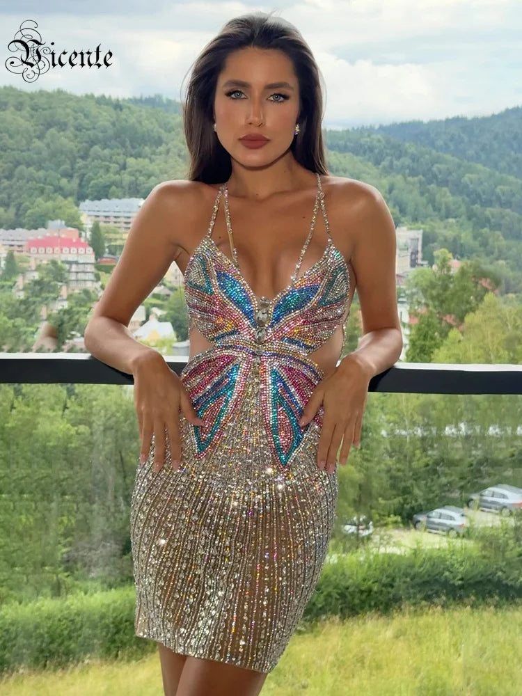 Spaghetti Straps Short Dress For Women Sequined Butterfly Details Pearls Patchwork Bodycon Cocktail Club Party Wear Vestido
