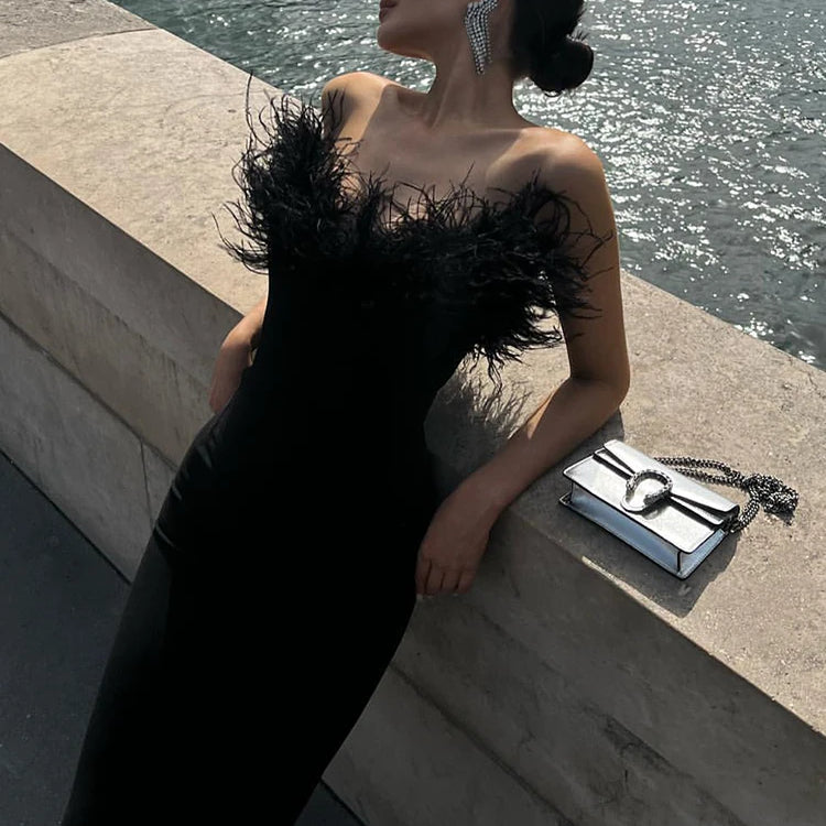 Woman Strapless Feather Design Dress For Party Chic Bodycon Bandage Black Long Dress Vestido