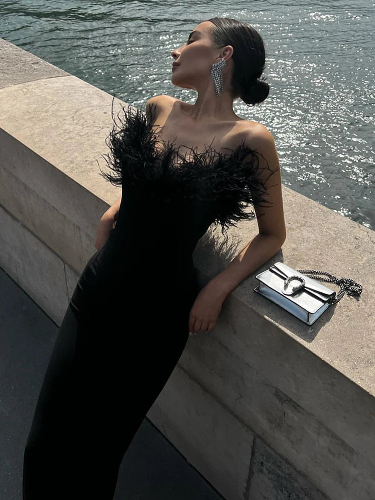 Woman Strapless Feather Design Dress For Party Chic Bodycon Bandage Black Long Dress Vestido