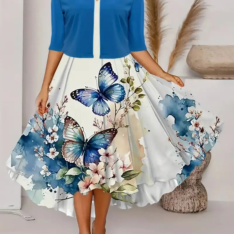 New for summer 2024! Eu-us Fall Women's 2 long Dress Set - floral and grass print crew neck dress with chiffon short coat Blue