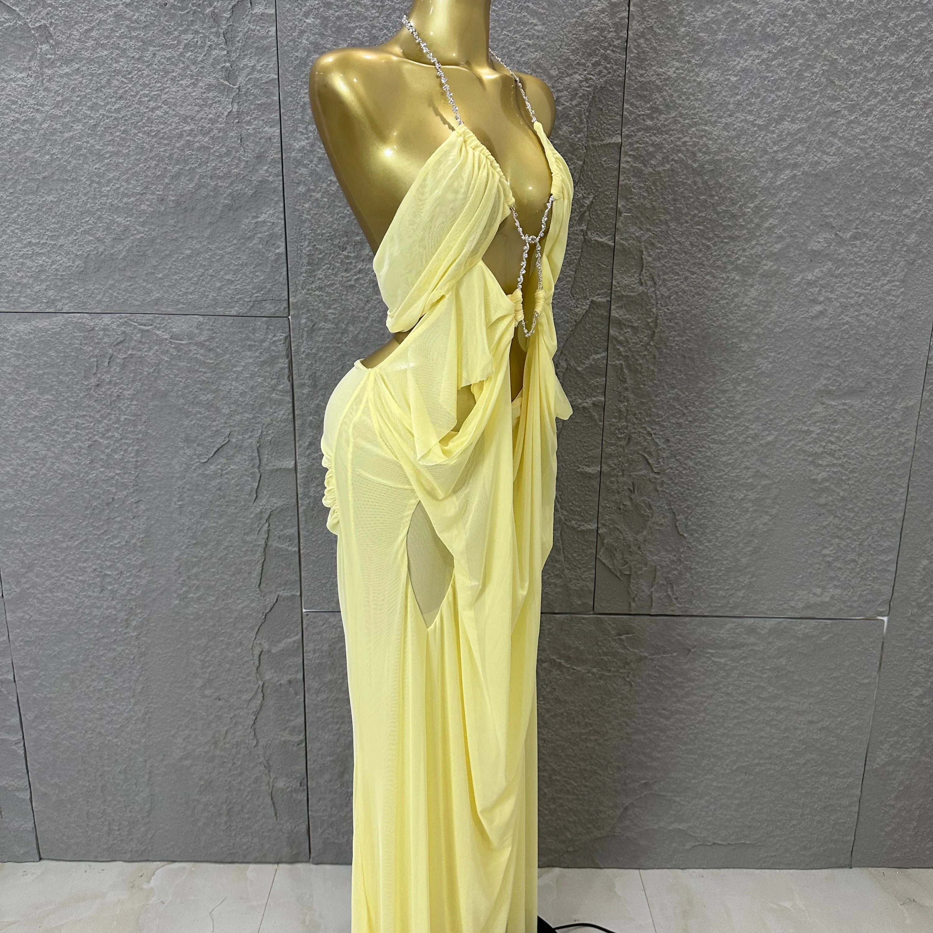 Sexy Halter Neck Maxi Dress Crystal Chain Cutout Ruched Women Sheer Mesh Form Outfit Glamorous Evening Gala Party Costume