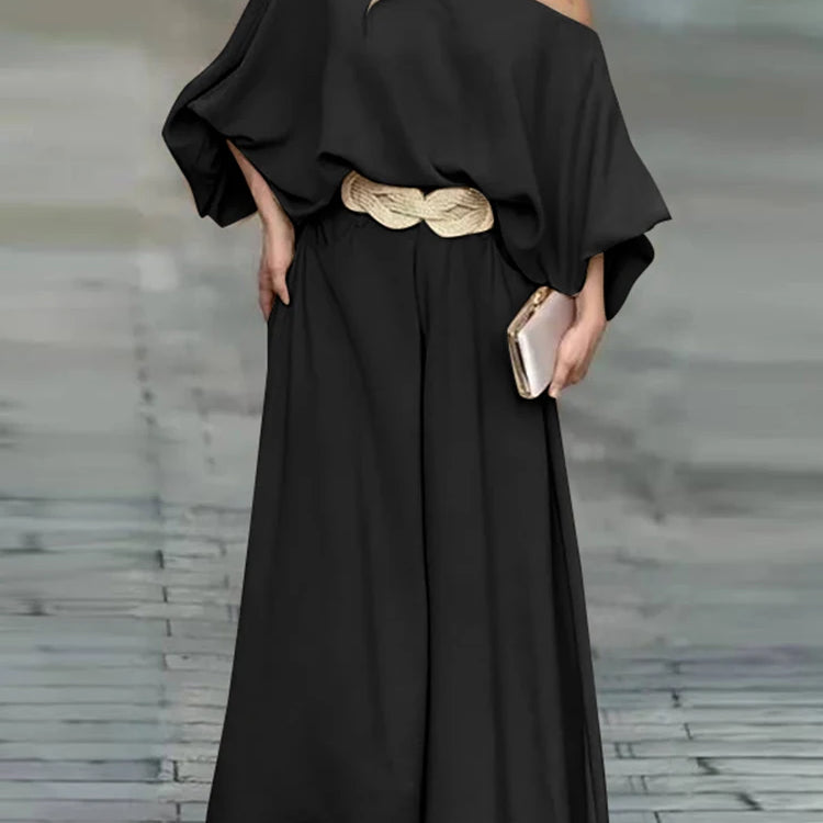 Plus Size VONDA Women Outfits Casual Slanted Collar Tops Elastic Waist Wide Leg Pant Sets 2024 Elegant Solid Pants Suits 2PCS black