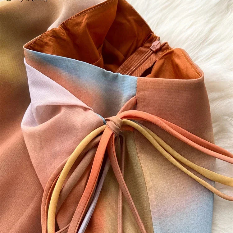 SINGREINY Holiday Suits Strapless Halter Strapless Top+Zipper Tie Dye Skirt Female Fashion Sexy Two Pieces Suit