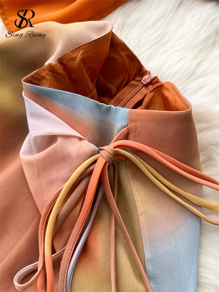 SINGREINY Holiday Suits Strapless Halter Strapless Top+Zipper Tie Dye Skirt Female Fashion Sexy Two Pieces Suit