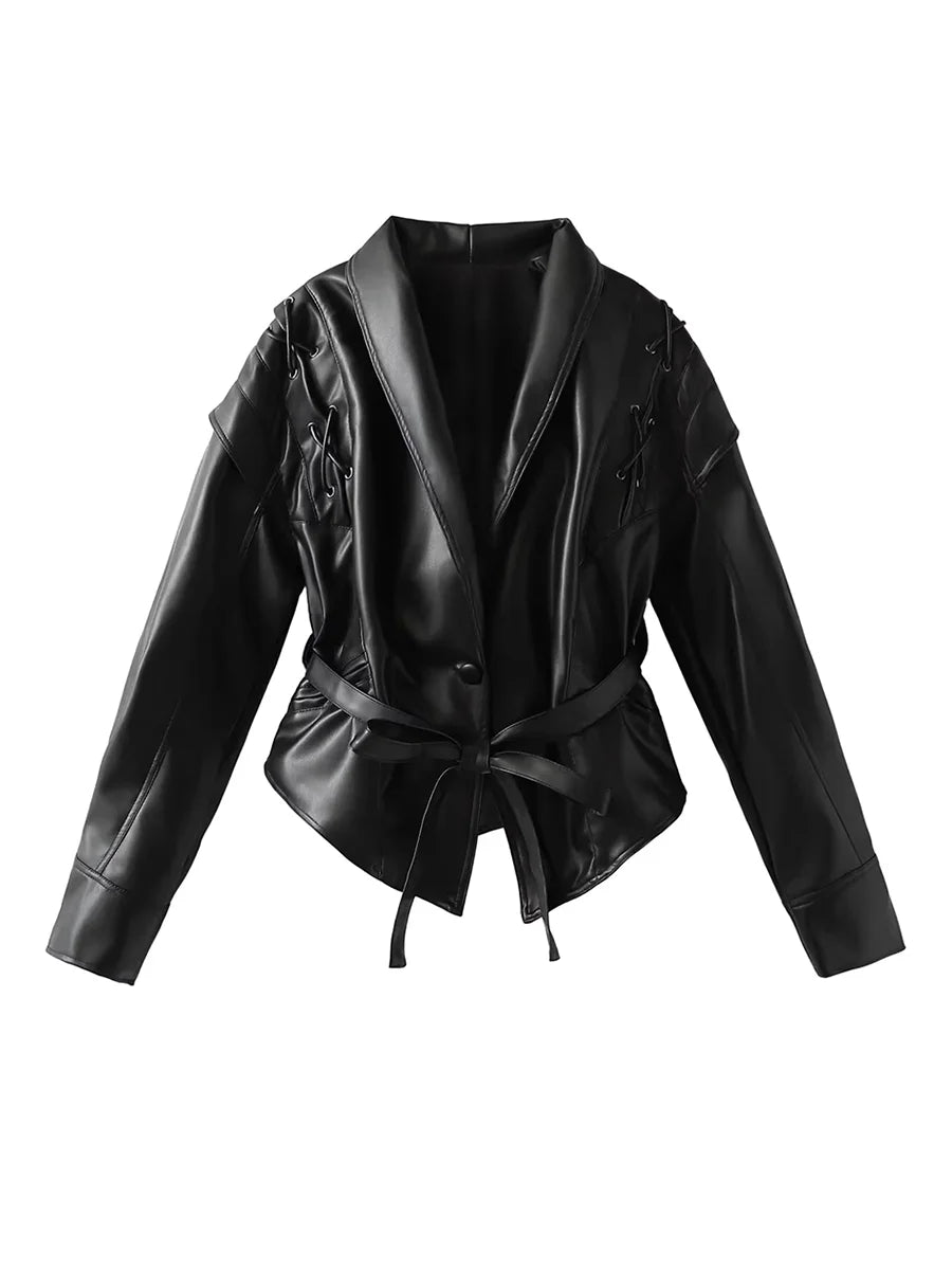 Lautaro Spring Distressed Brown Short Asymmetrical Pu Leather Jacket Blazer Women Retro Vintage Fashion Luxury Designer Clothes