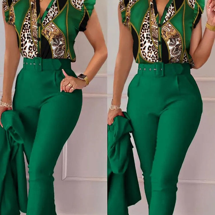 Spring Summer Women's New Printed Lotus Leaf Sleeveless Shirt Suit Slim Femal Office Solid Color Long Pants Belt Two Piece Set Green