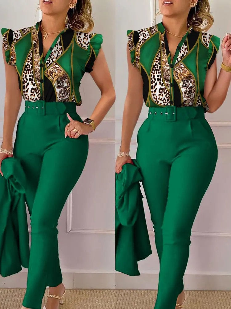 Spring Summer Women's New Printed Lotus Leaf Sleeveless Shirt Suit Slim Femal Office Solid Color Long Pants Belt Two Piece Set Green