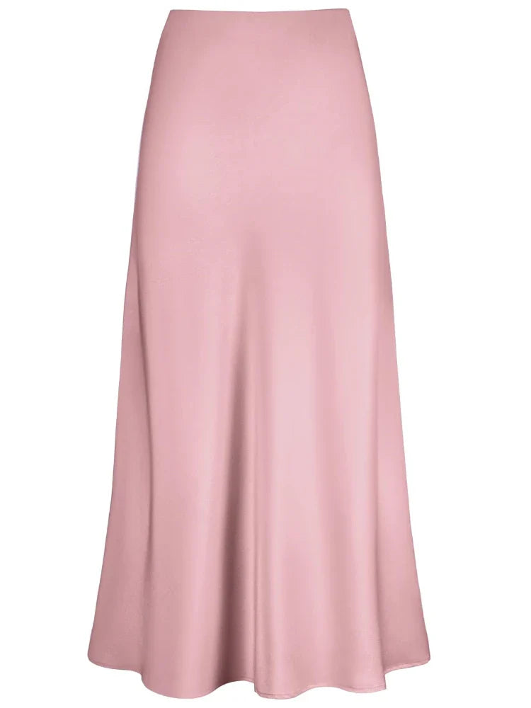 Women Satin Silk Skirts Summer Spring Korean Fashion Clothing Office Ladies Long Skirt Elegant Black Maxi Skirts for Women Pink