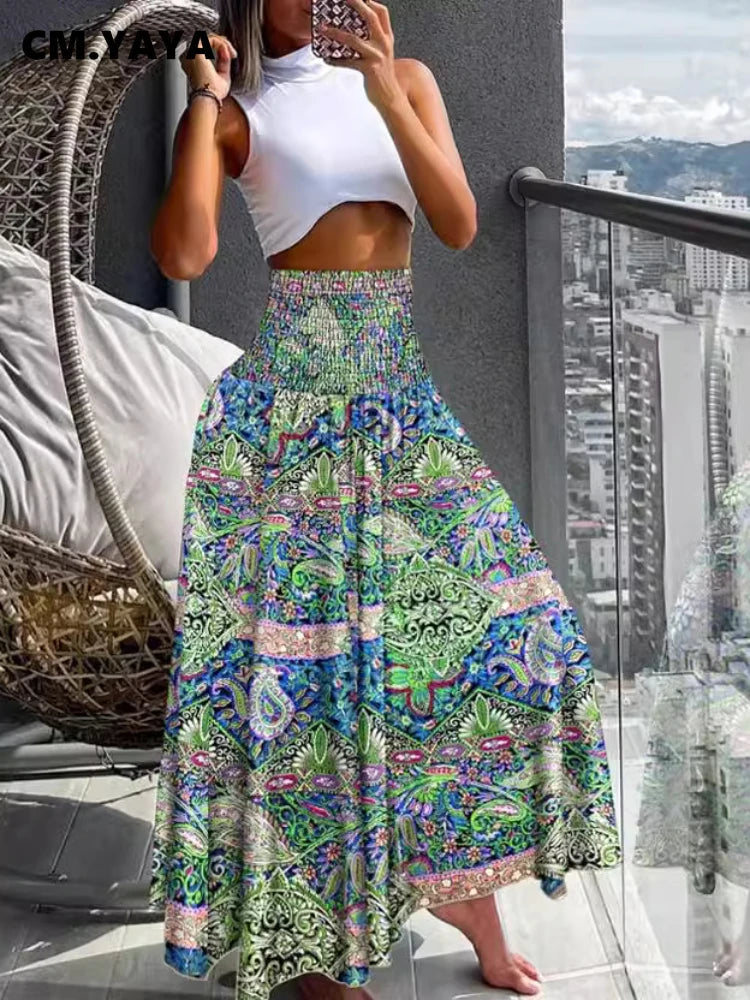 Women Fashion Bandanna Paisley Big Swing High Waist Maxi Skirt Streetwear 2024 Boho Vintage Casual Long Skirts