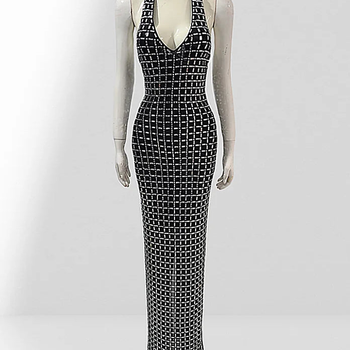 Super Sparkling Diamonds Sexy See Through Mesh V-Neck Sheath Ankel Length Dress Fashion Woman Party Dress Birthday Party Outfit black