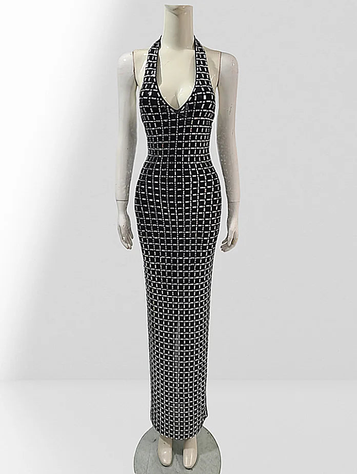 Super Sparkling Diamonds Sexy See Through Mesh V-Neck Sheath Ankel Length Dress Fashion Woman Party Dress Birthday Party Outfit black