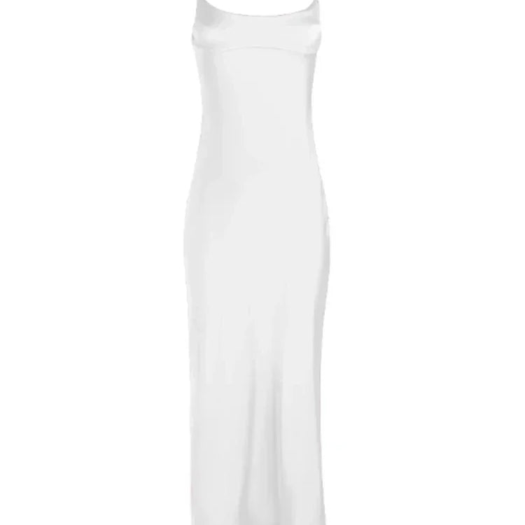 Suninheart Mid-calf Satin Dress Elegant Pink Sexy Sleeveless Cut Out Party Dresses Casual Holiday Birthday Women Clothing WHITE