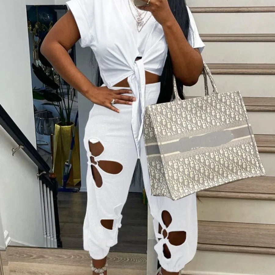 LW Plus Size Cut Out Bandage Design Pants Set Elegant Suit 2 Piece Set Women Sexy short Sleeve Top Hollow Out Pants Ladies Sets WHITE