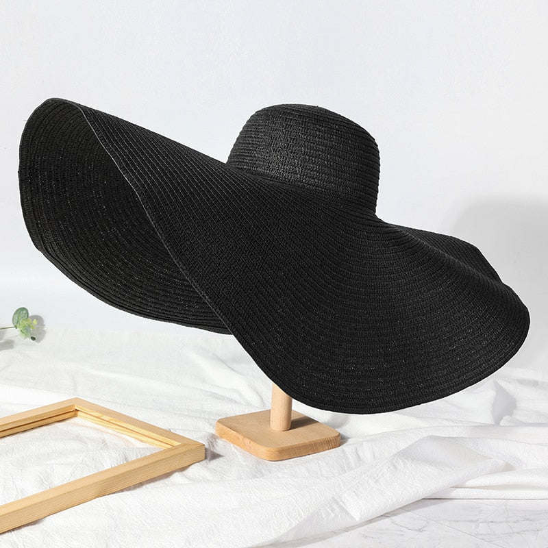 Summer 70cm Large Wide Brim Sun Hats For Women Oversized Beach Hat Foldable Travel Straw Hat Lady UV Protection Sun Shade Hat black 54-57cm