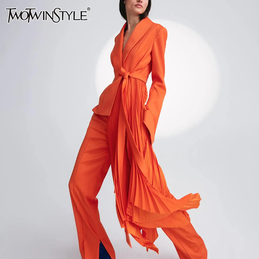 Solid Spliced Folds Blazers For Women V Neck Long Sleeve Patchwork Lace Up Irregular Chic Blazer Female Fashion New