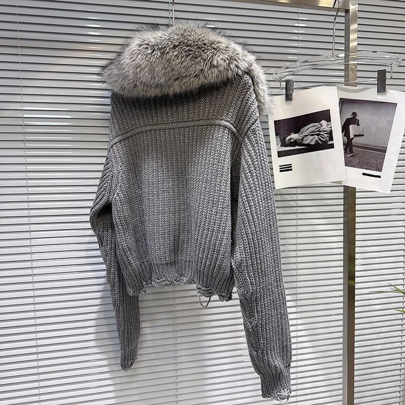 Winter New Street Style Faux Fur Collar Pocket Thick Knit Sweater Jacket For Women Single-breasted Cardigan 11A07488