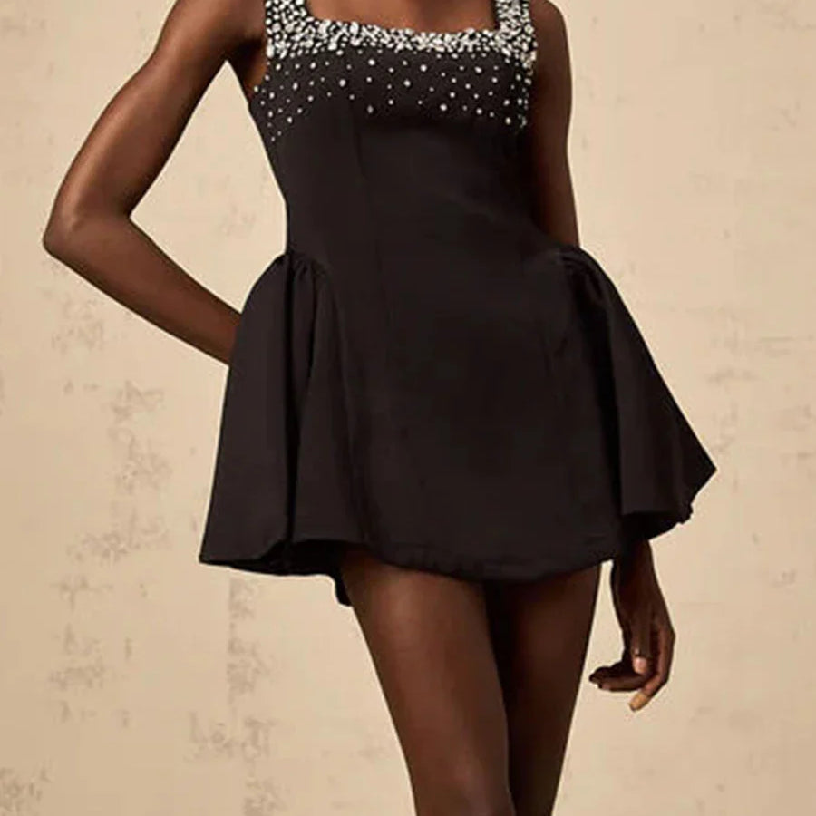 Solid Slimming Fashion Dresses for Women Square Neck Sleeveless Patchwork Diamonds Tunic Dress Female Clothing New