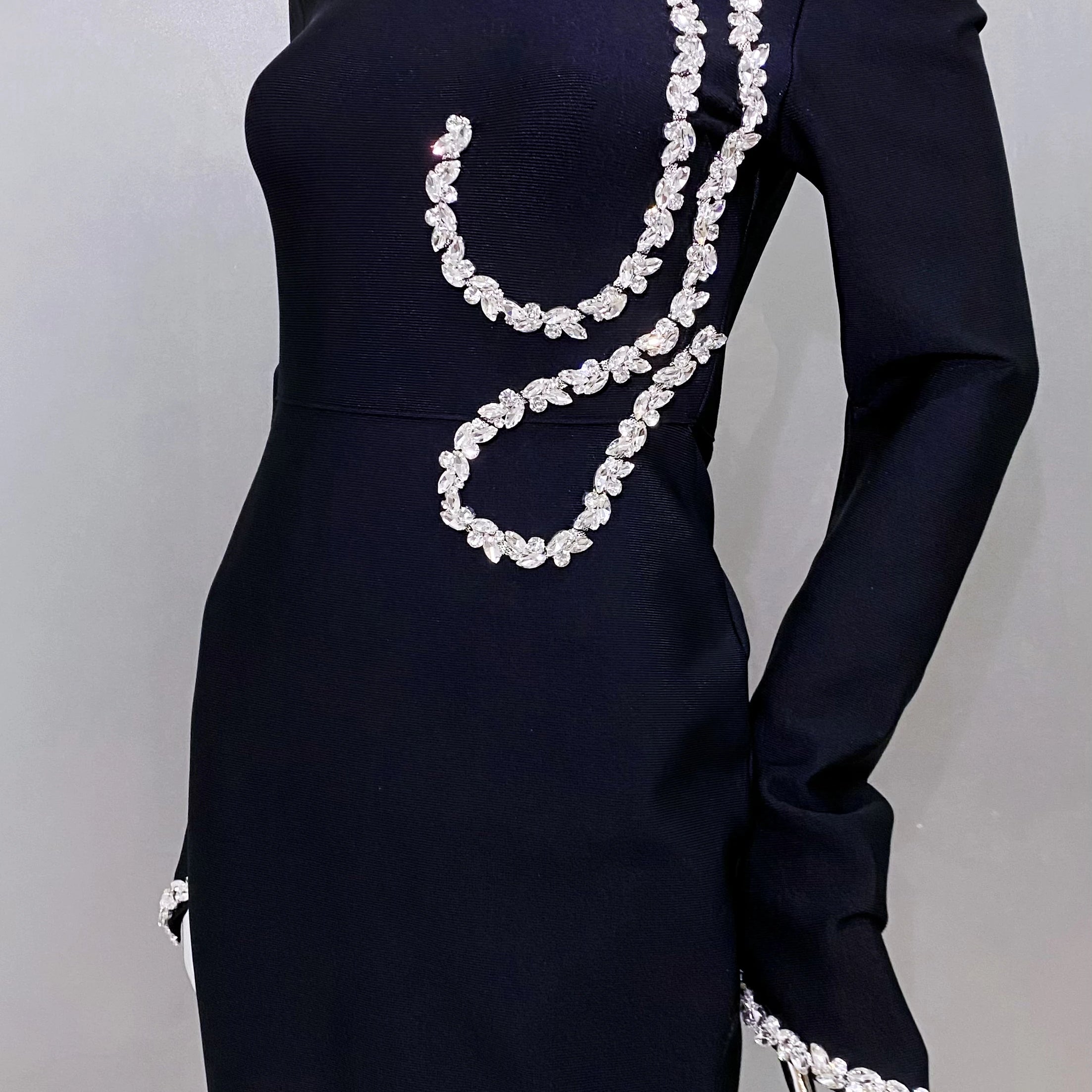 Shining Diamonds Half High Collar Black Long Bandage Dress Elegant Woman Evening Party Dress Cocktail Party Outfit