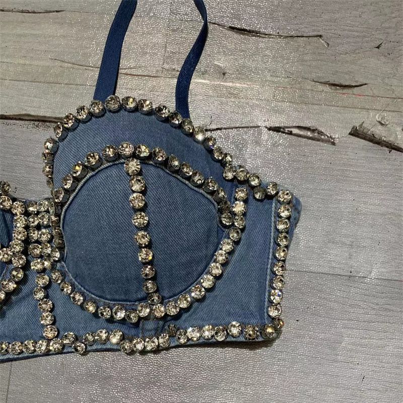 Streetwear Diamonds Denim Vest Female Bra Sleeveless Backless Sexy Summer Tank Tops For Women Camisole Y3851