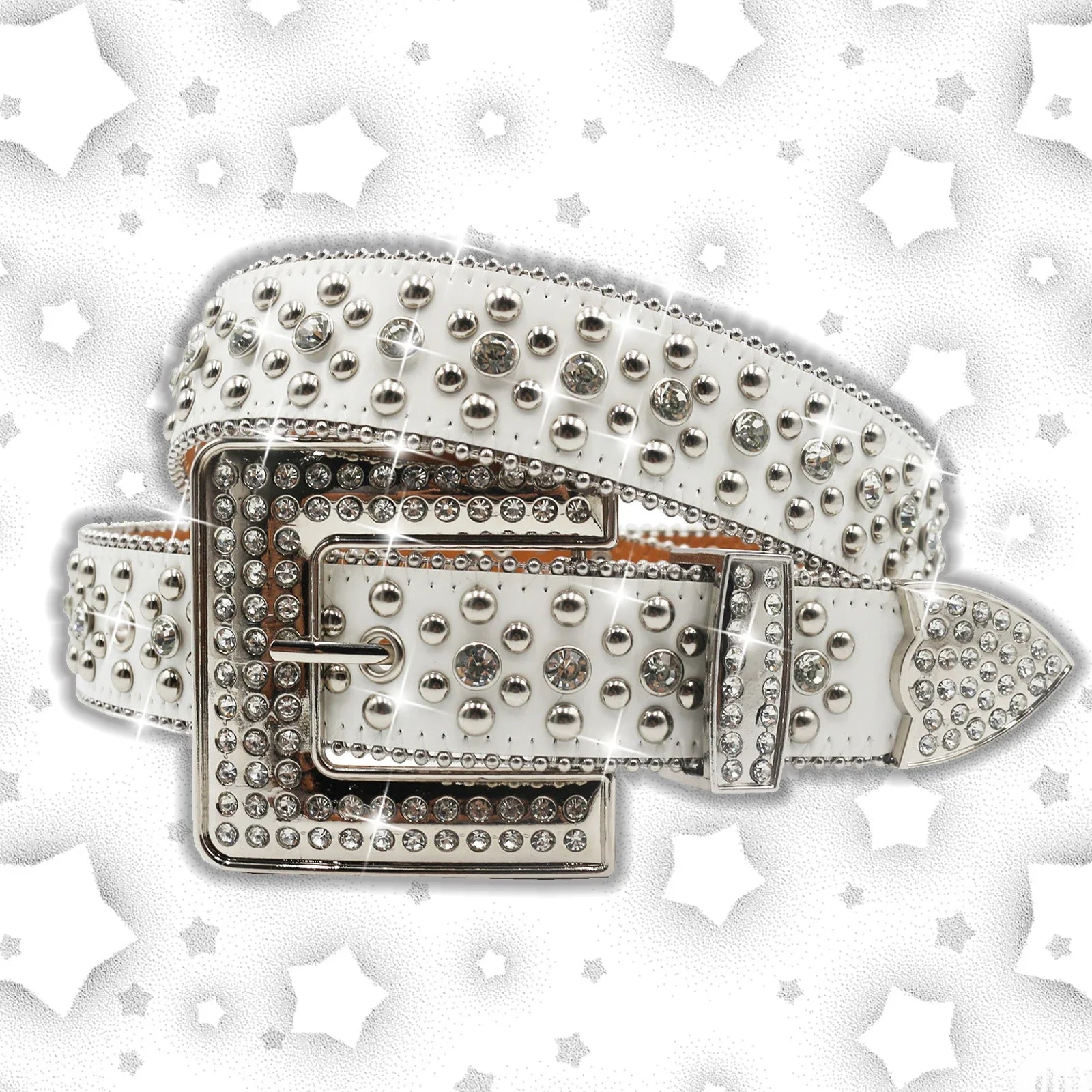 Vintage Dark Rhinestone Rivet Belt for Women Sequin Punk Hip Hop Jeans Accessories Luxury Designer bb Belt Beautiful FK-MD-White