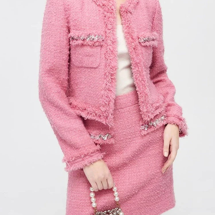 Luxury Style Fashion Diamonds Women's Tweed Woolen Jacket And Skirt Suit Elegant Autumn Winter Office Dress Set 2 Piece Outfits