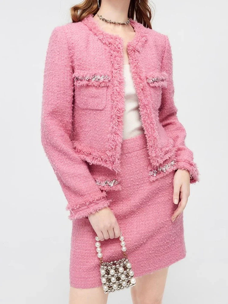 Luxury Style Fashion Diamonds Women's Tweed Woolen Jacket And Skirt Suit Elegant Autumn Winter Office Dress Set 2 Piece Outfits