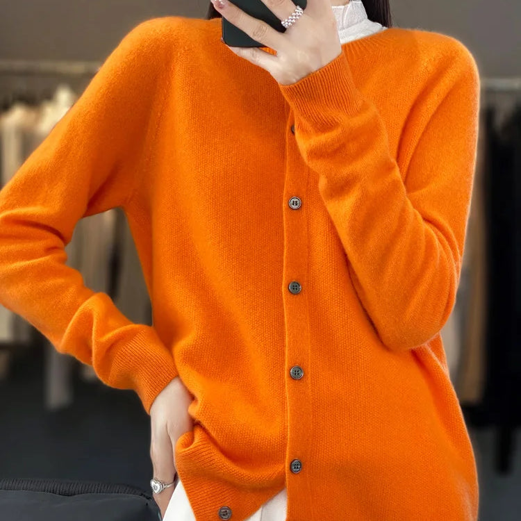 Aliselect Autumn Winter Women 100% Merino Wool Sweater O-Neck Tops Long Sleeve Basic Cashmere Knitwear Cardigan Clothing Coat