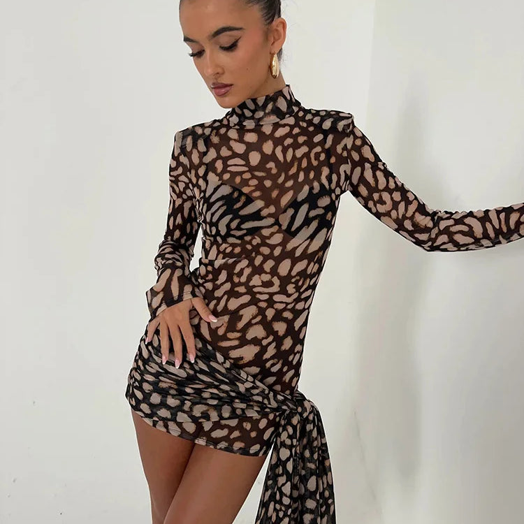 Mesh Leopard Print Sexy Mini Dress For Women Robe Fashion Turtleneck Draped Ruched High Waist Club Dress Vestido