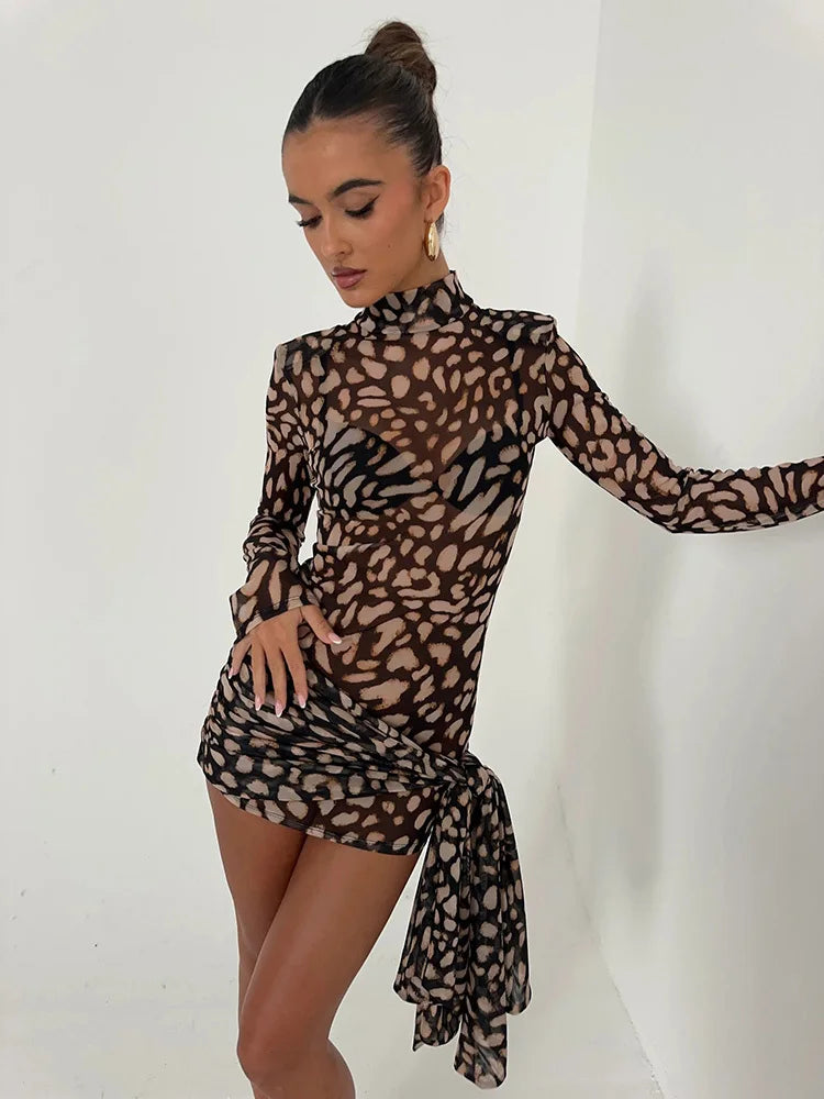 Mesh Leopard Print Sexy Mini Dress For Women Robe Fashion Turtleneck Draped Ruched High Waist Club Dress Vestido