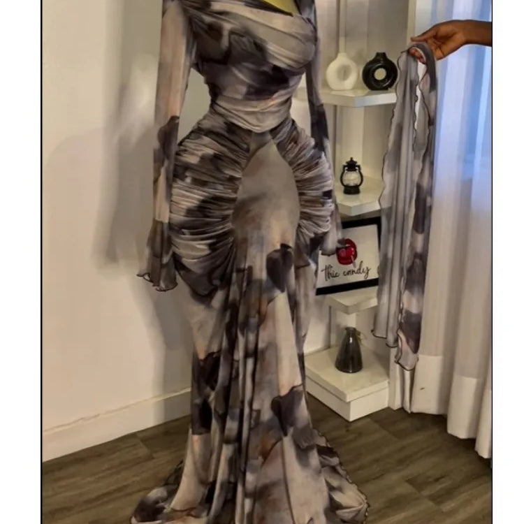 CM.YAYA Women Tie Dye Printed Skew Neck Flare Long Sleeve Ruched Stacked Maxi Long Dress 2025 Summer Birthday Sexy Party Dresses