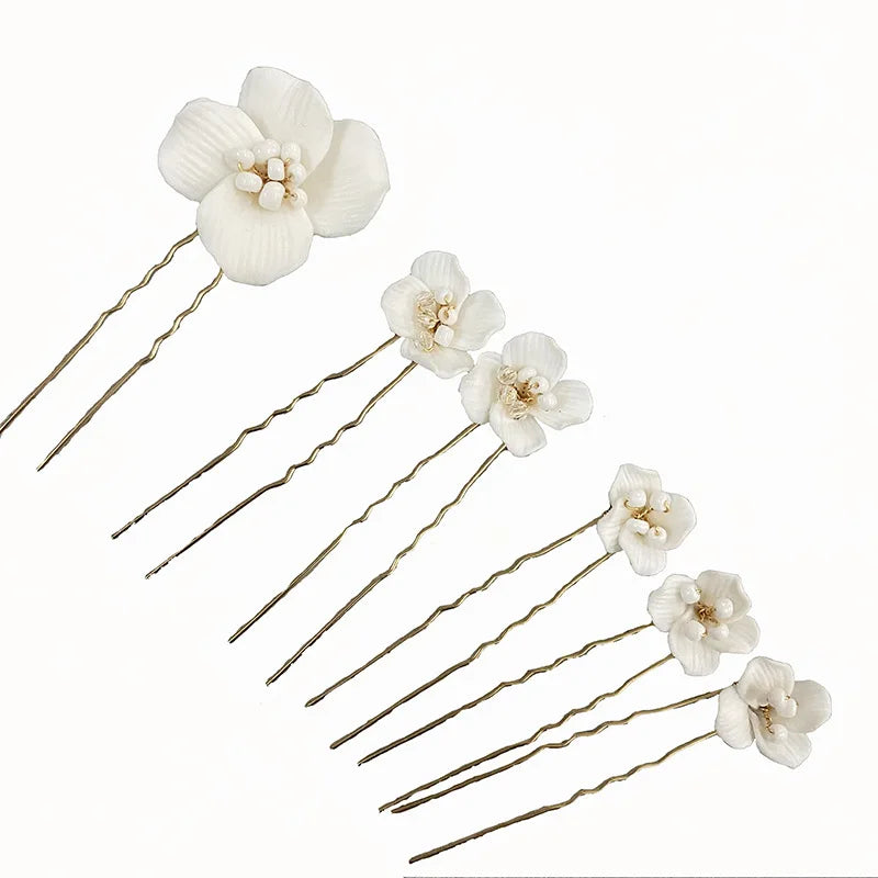 6PCS White Ceramic Flower Wedding Hair Pins Women Jewelry Accessories Handmade Head Decoration Tiara Ornament