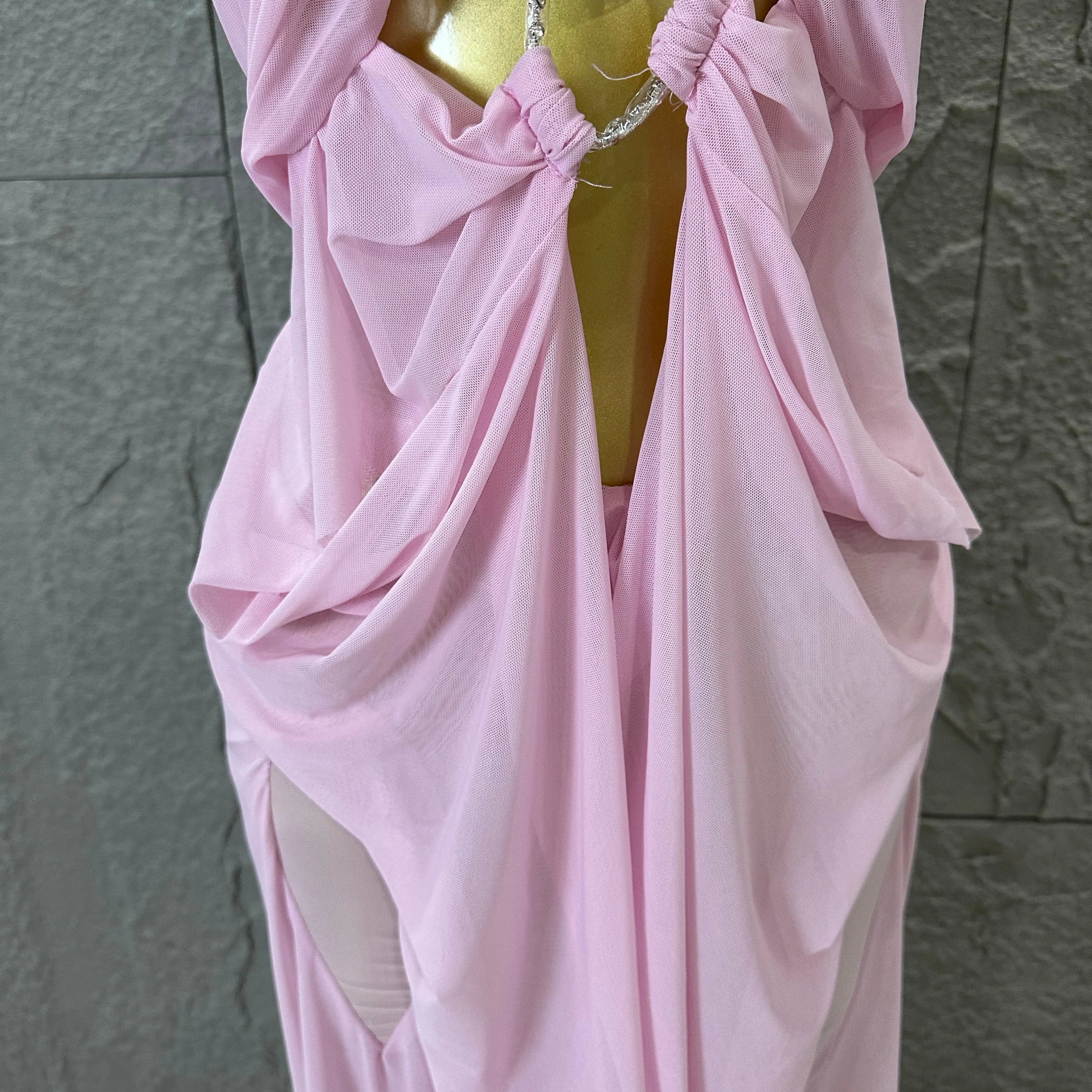 Sexy Halter Neck Maxi Dress Crystal Chain Cutout Ruched Women Sheer Mesh Form Outfit Glamorous Evening Gala Party Costume
