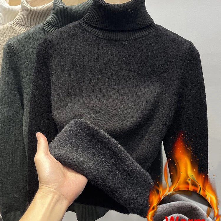 Warm Knit Pullover New Thicken Turtleneck Sweater For Winter Women Casual Slim Plush Lined Soft Long Sleeve Knitwear Jumper Tops