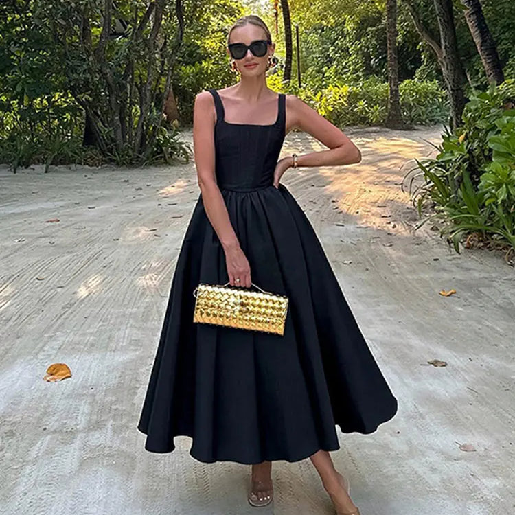 Stylish Spaghetti Strap Swing Dress For Ladies Elegant Off Shoulder Sleeveless Black Dresses Women Nightclub Party Vestidos black