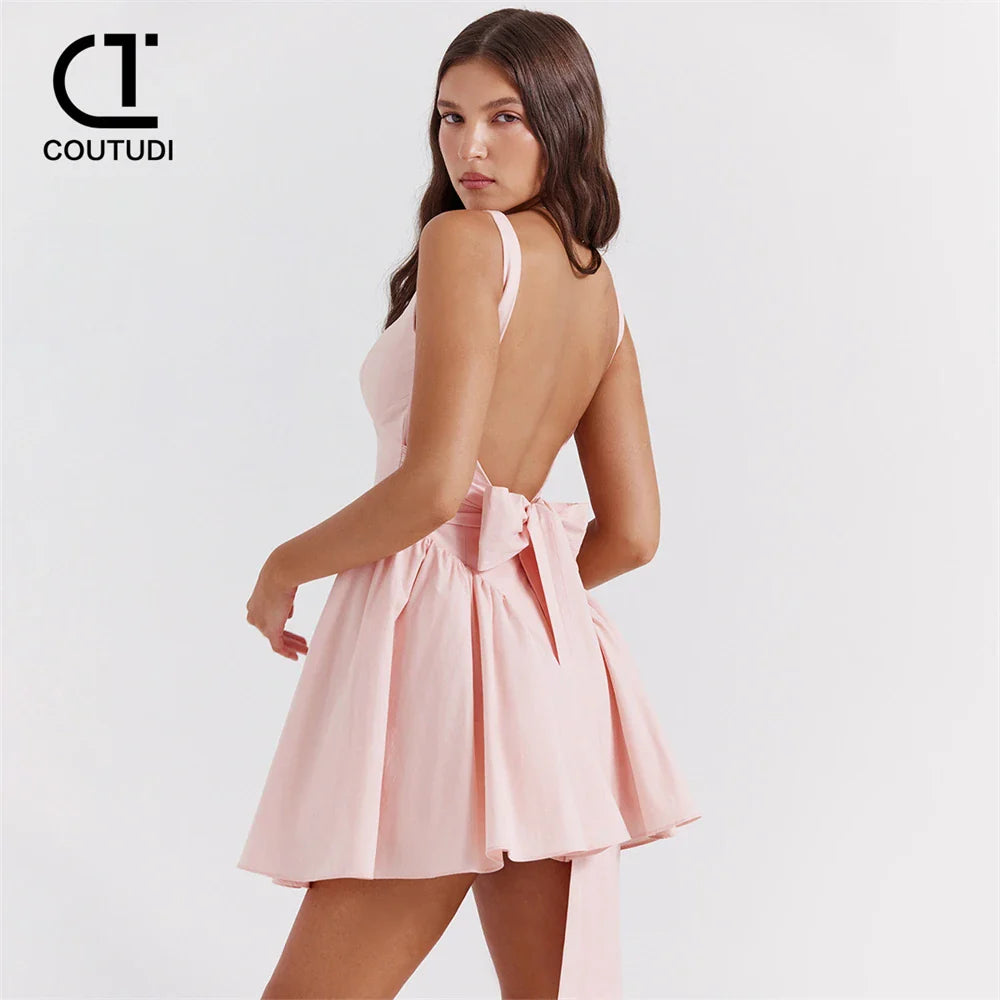 COUTUDI Sexy Lace Up Backless Party Mini Summer Dresses For Women Elegant A Line Evening Party Dress Female Vestidos
