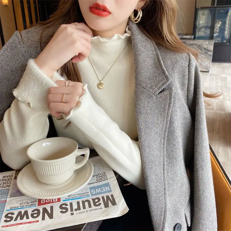 Autumn Winter Sweater Women's Velvet Half Turtleneck Bottoming Shirt Inner Plus Velvet Thick Top Thermal Women Clothes apricot color