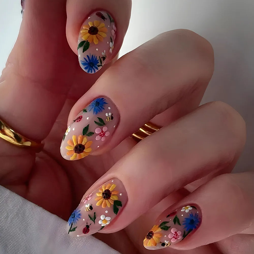 24pcs Garden Style False Nails With Colorful Flower Designs Glossy Almond Press On Nails Full Cover Artificial Autumn Fake Nail Y2