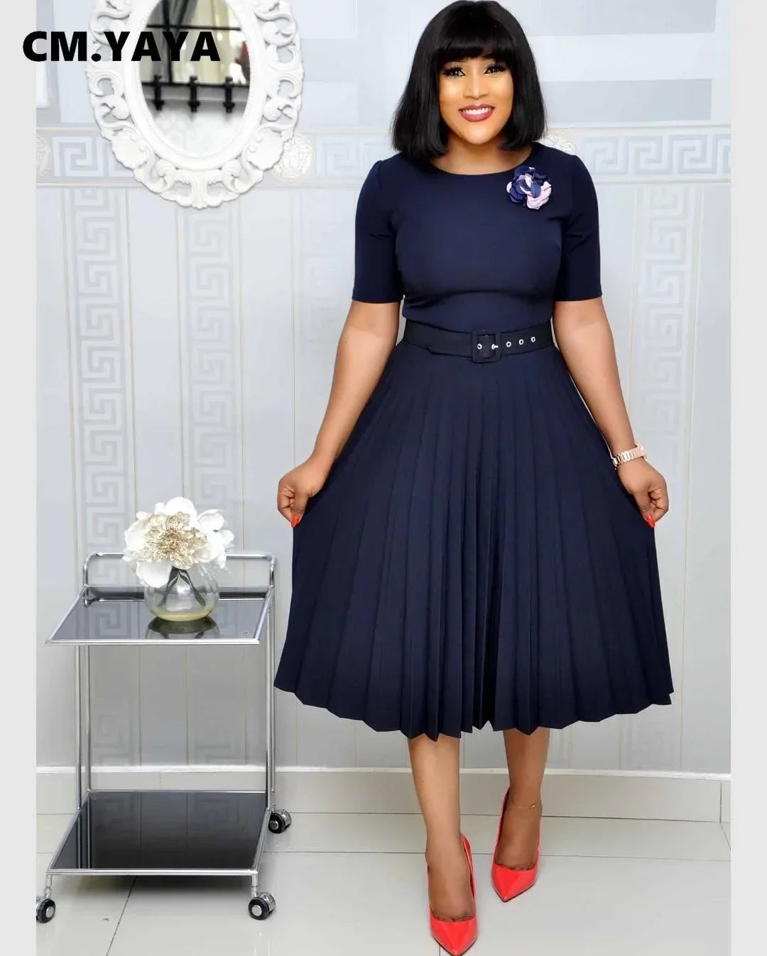 Summer Midi Pleated Dress Short Sleeve Office Lady Africa Sashes Women High Waist Elegant Dresses Vestidos