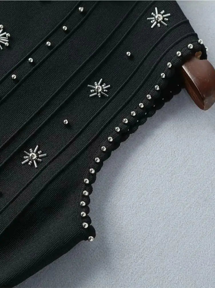 Ailigou New Summer Women's A-line Black Sleeveless Beaded Sexy Elastic Knitted Mini Dress Elegant Celebrity Party Dress