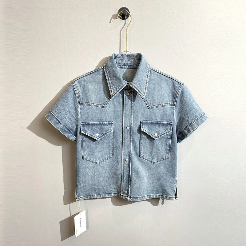 LUXE&ENVY Market Spring/Summer New Washed Old Cowboy Shirt Half Sleeve Single breasted Short sleeved Shirt Versatile Top Blue