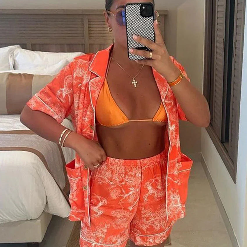 Clacive Fashion Loose Print 2 Piece Set Women Outfit Summer Short Sleeve Shirt With High Waist Shorts Set Female Streetwear Orange