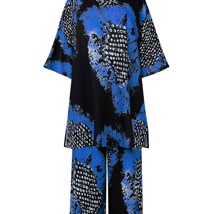 Plus Size 5XL VONDA Women Vintage Pant Sets Print Long Top and Wide Leg Pants Casual Loose 2pcs Two-piece Summer Bohemian Outfit Blue