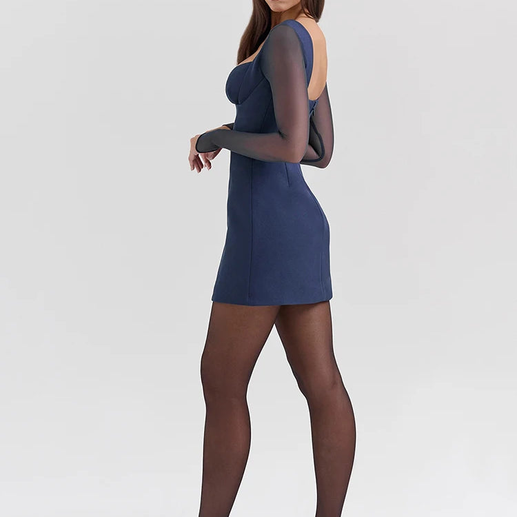 Plunge Neck Backless Sexy Mini Dress For Women Fashion Sheer Long Sleeve Backless Bodycon Club Party Sexy Dress Elegant