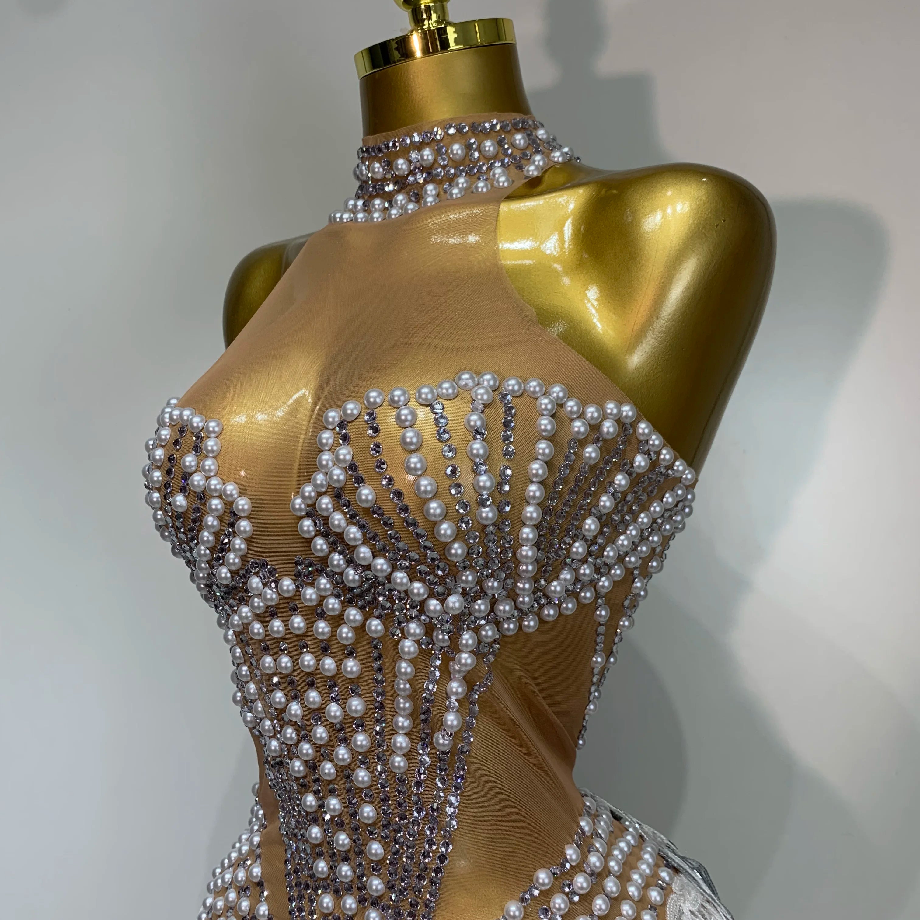 Women Sparkly Rhinestones Pearls Tassel Sexy Mesh See Through Dress Latin Dance Outfits Bar Nightclub Party Stage Costume