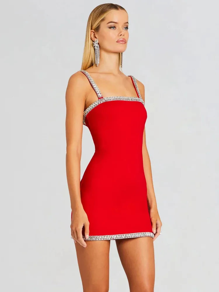 est Bandage Dress Women Celebrity Sexy Sleeveless Backless Red Diamonds Mini Bodycon Elegant Evening Club Party Dress